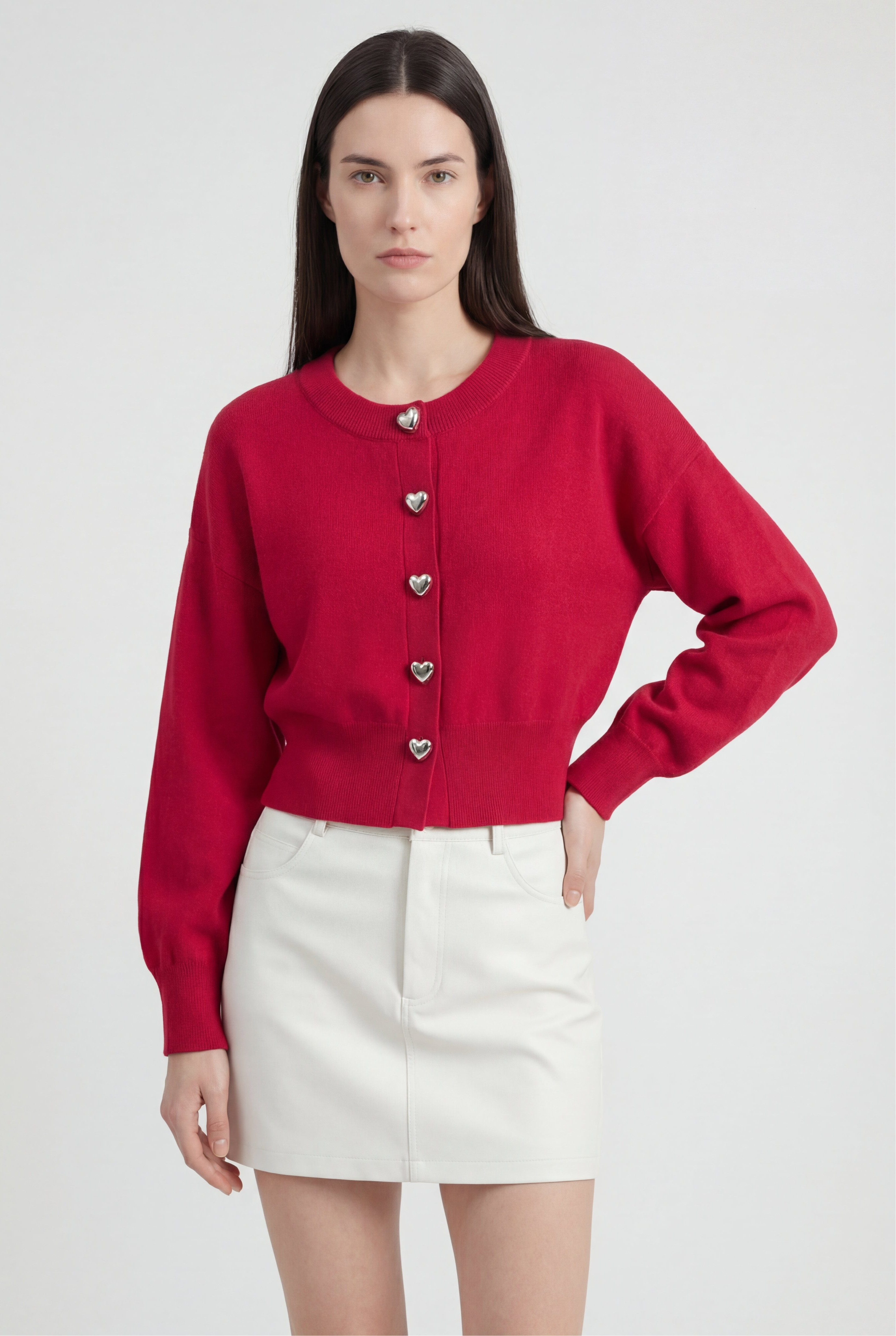 Red Sophia Lumina Wear open front knit cardigan sweater with ribbed hem, cozy and stylish for casual wear.