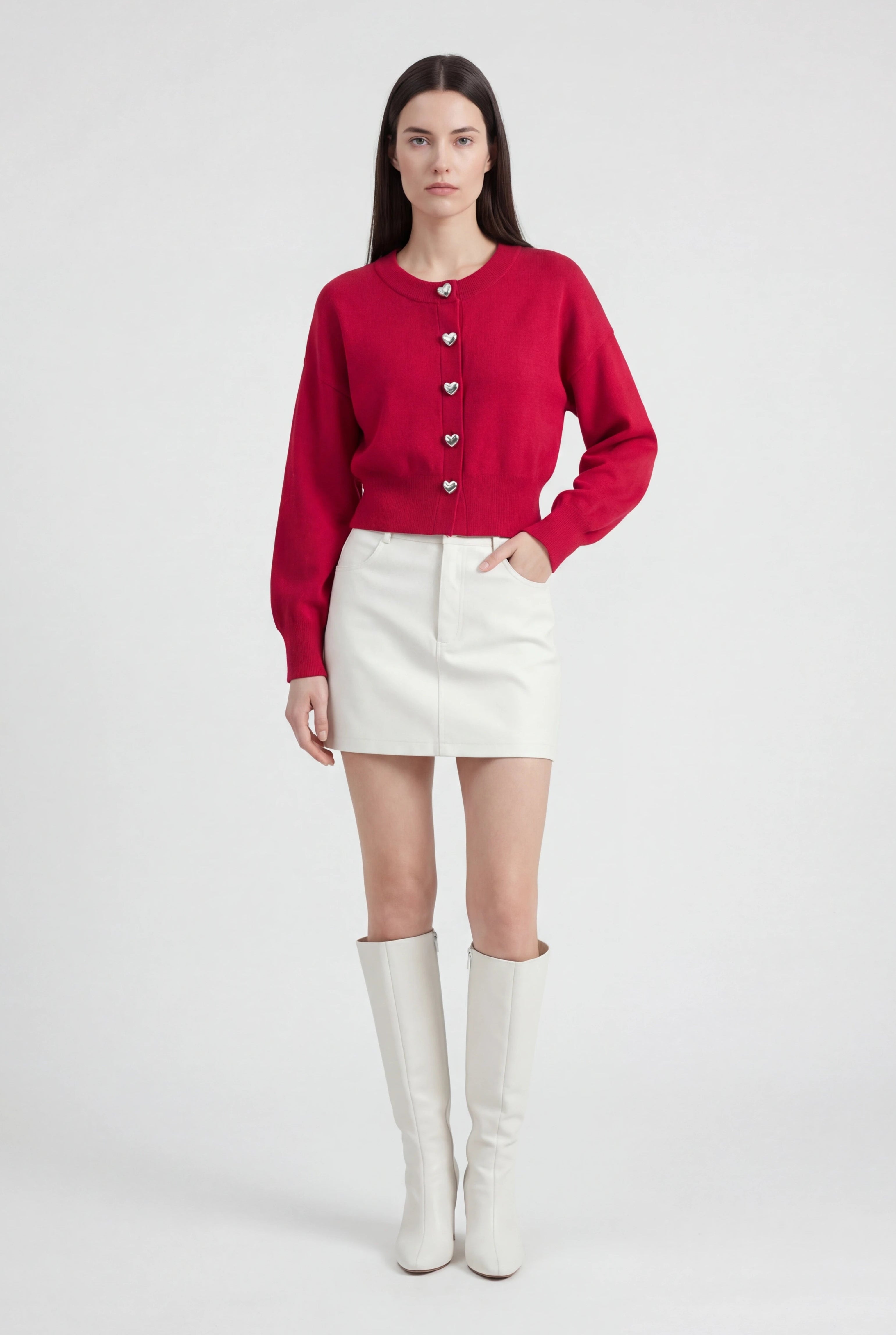 Red Lumina Wear Sophia cozy open front knit cardigan sweater with ribbed hem, casual and comfortable for everyday wear.
