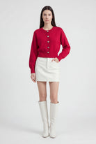 Red Lumina Wear Sophia cozy open front knit cardigan sweater with ribbed hem, casual and comfortable for everyday wear.
