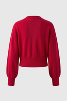 Red Sophia Lumina Wear cozy open front knit cardigan sweater with ribbed hem, casual and comfortable for everyday wear.