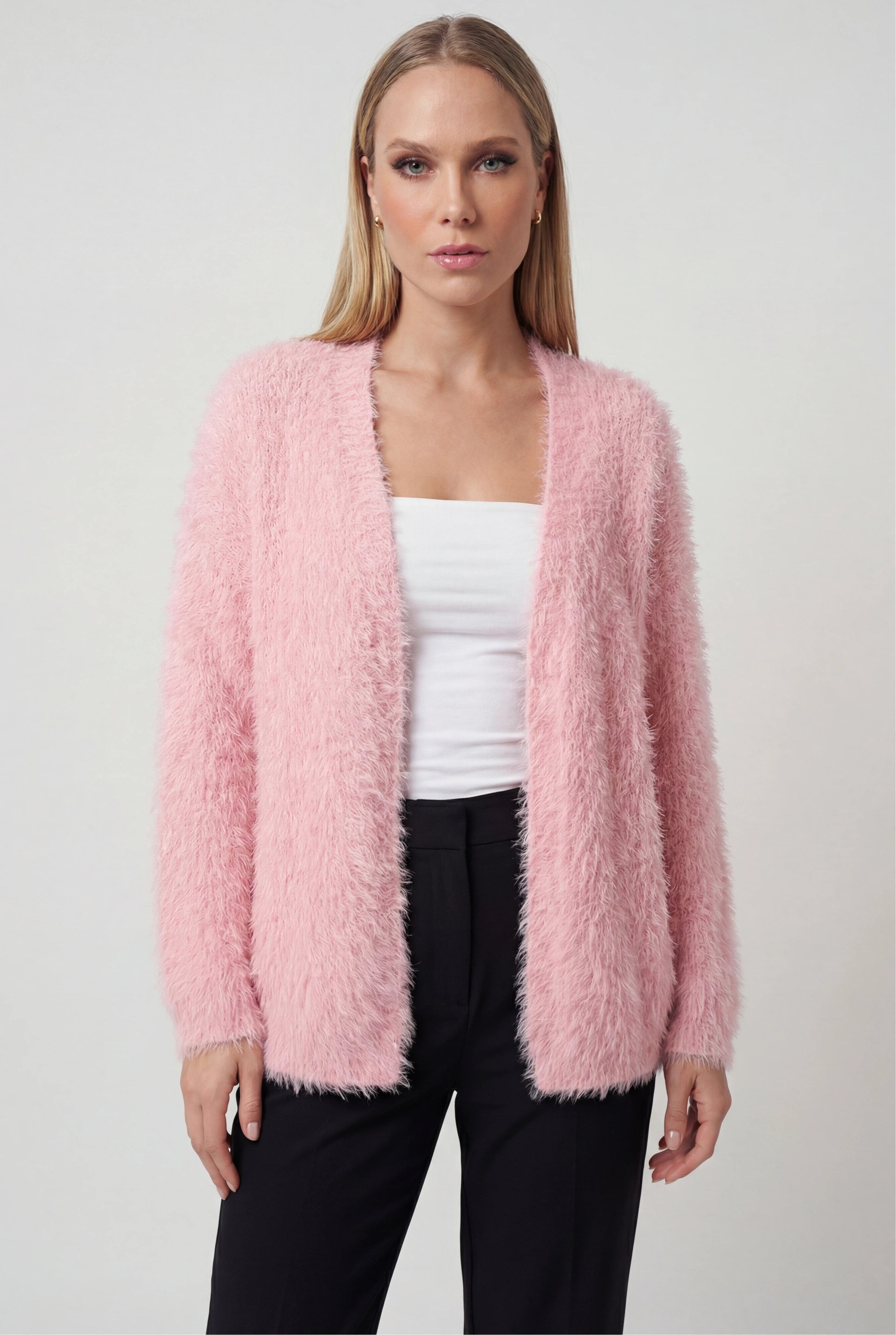 Lumina Wear Sophia pink knit cardigan with versatile styling, featuring a cozy, soft texture perfect for casual or layered looks.