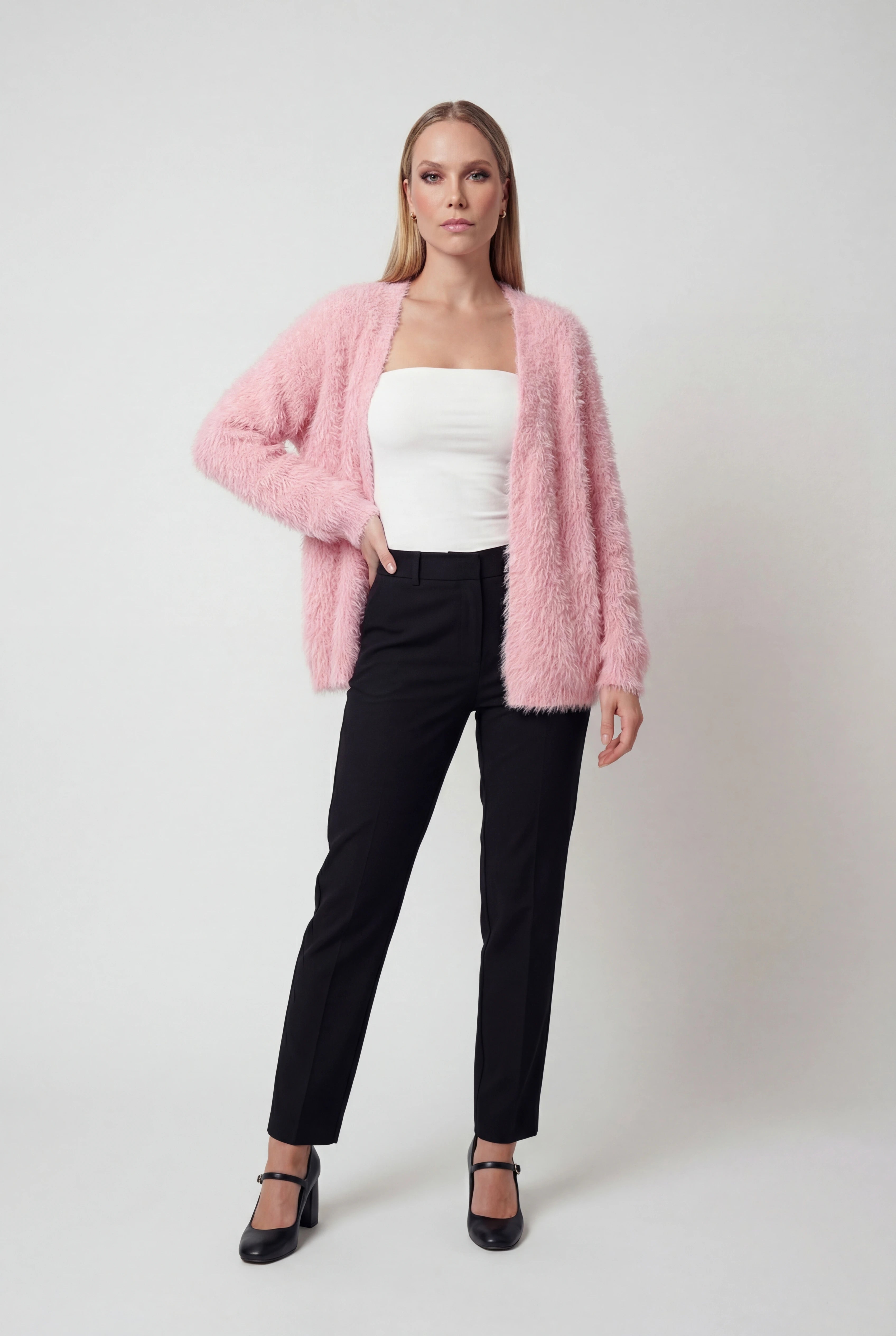 Lumina Wear Sophia cozy pink knit cardigan styled with casual and layered looks, soft fabric, and versatile design.