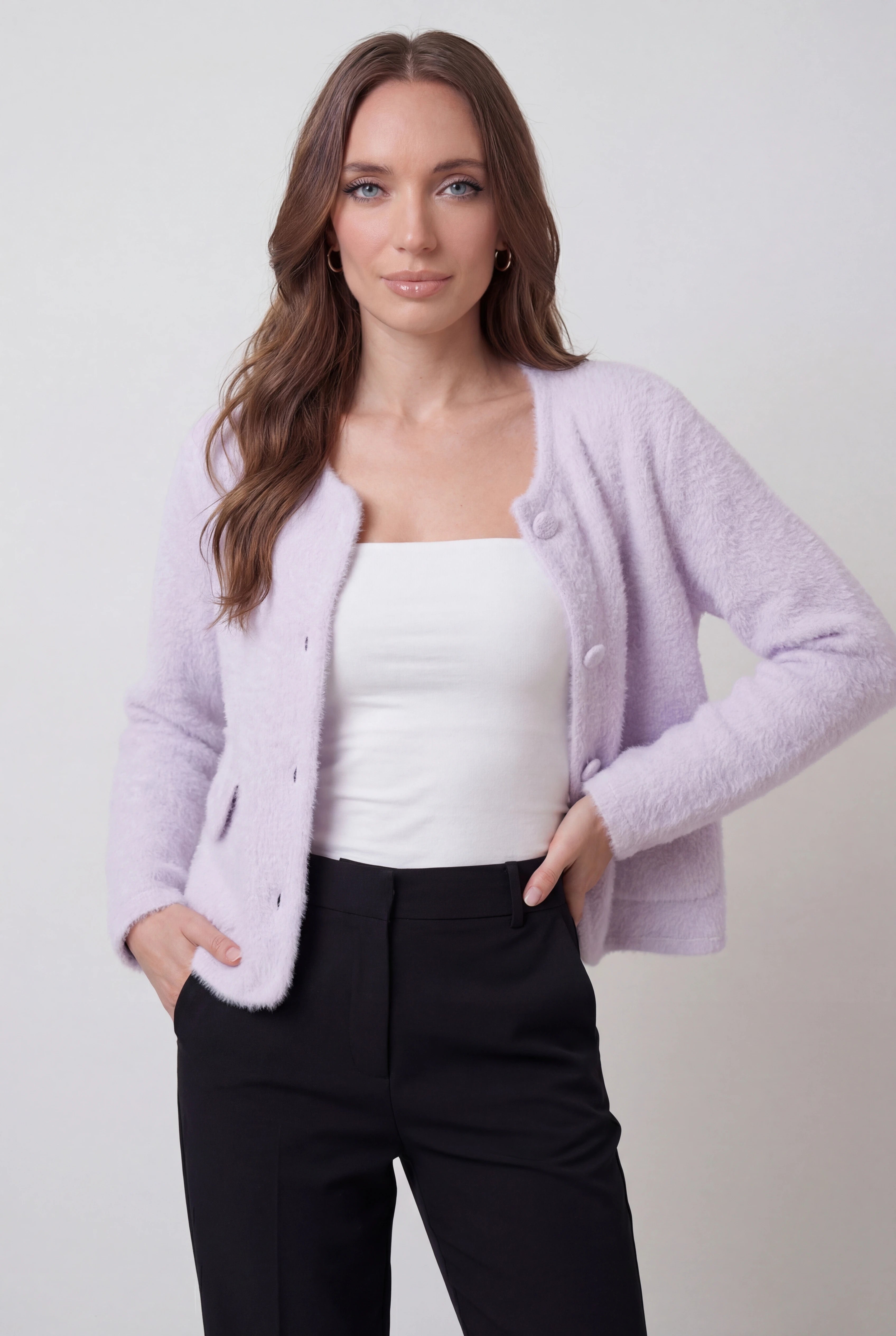 Sophia Lumina cozy purple knitted cardigan with open front, women’s sweater, soft and stylish for casual wear.