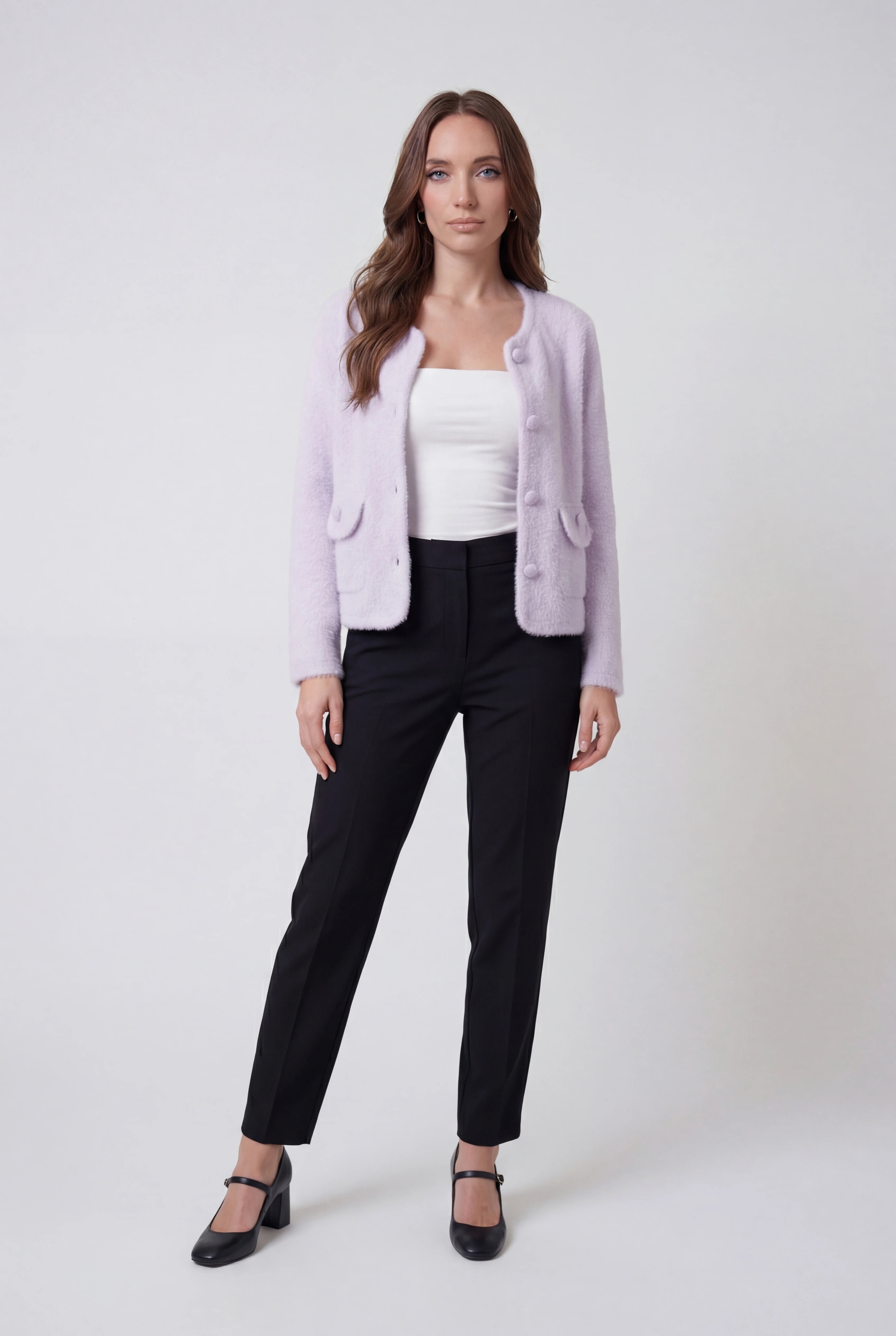Sophia Lumina women's purple knitted cardigan with open front, cozy and stylish for casual wear.