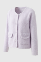 Lumina Wear Sophia cozy purple knitted cardigan with open front, stylish women's cardigan perfect for casual wear.