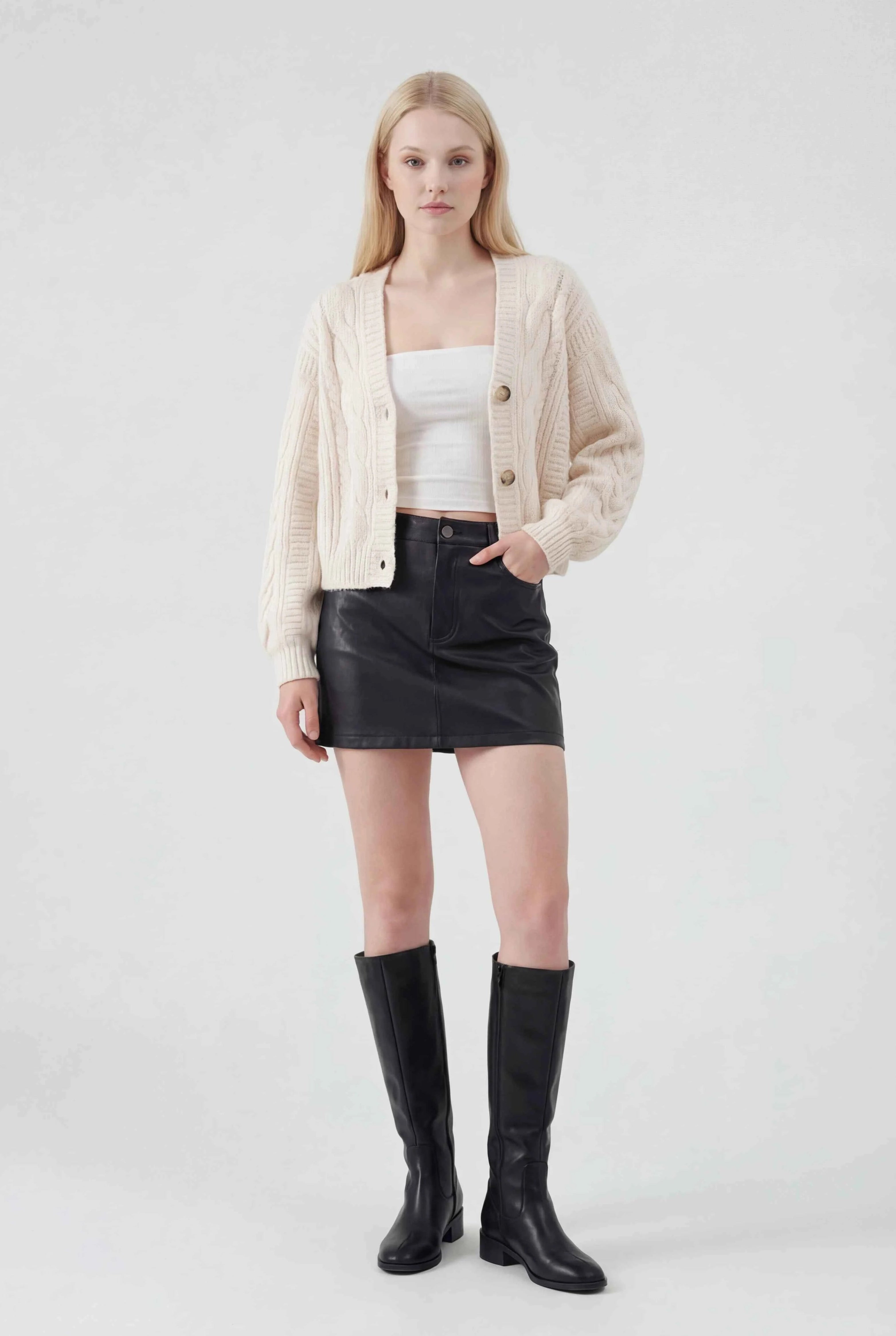 Lumina Wear Sophia white cardigan sweater with relaxed fit, ribbed hem, soft knit fabric, perfect for cozy casual wear.