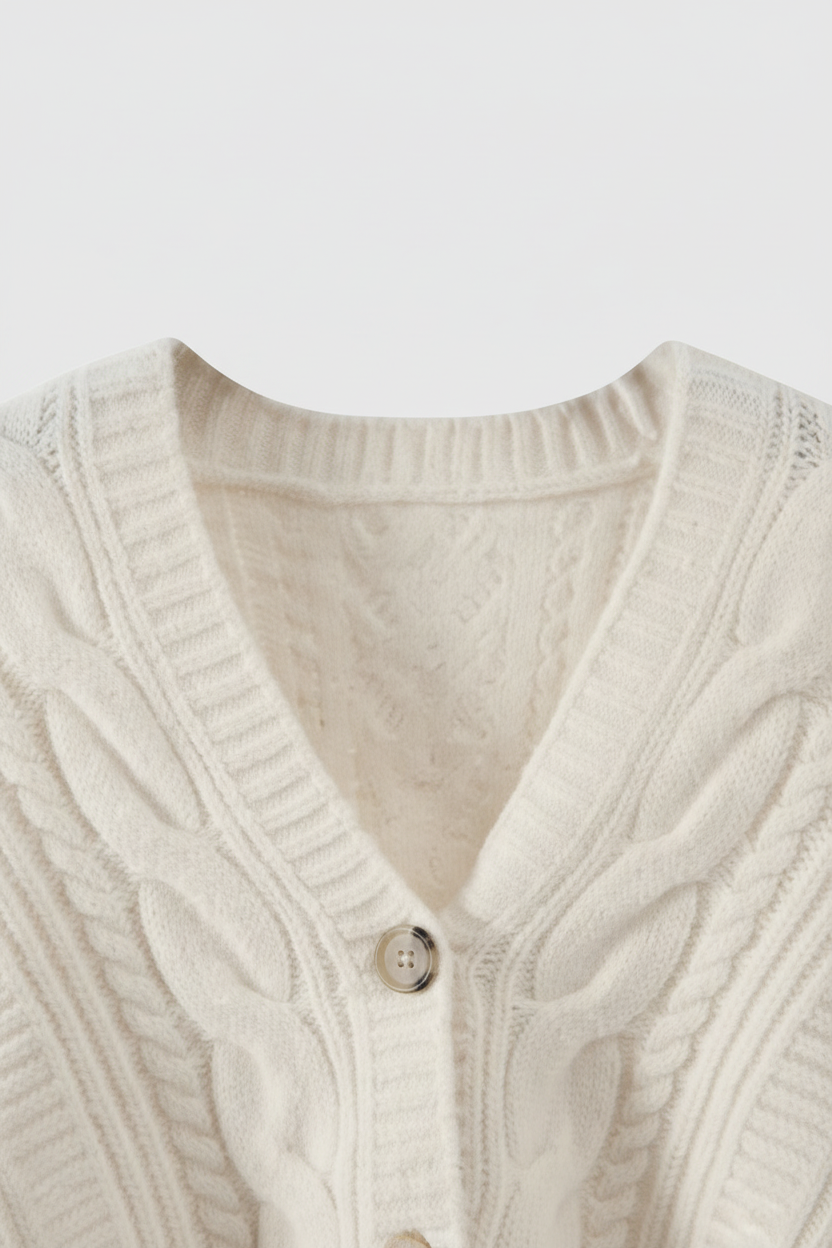 Lumina Wear Sophia cozy white cardigan sweater with relaxed fit and ribbed hem, casual and comfortable for everyday wear.