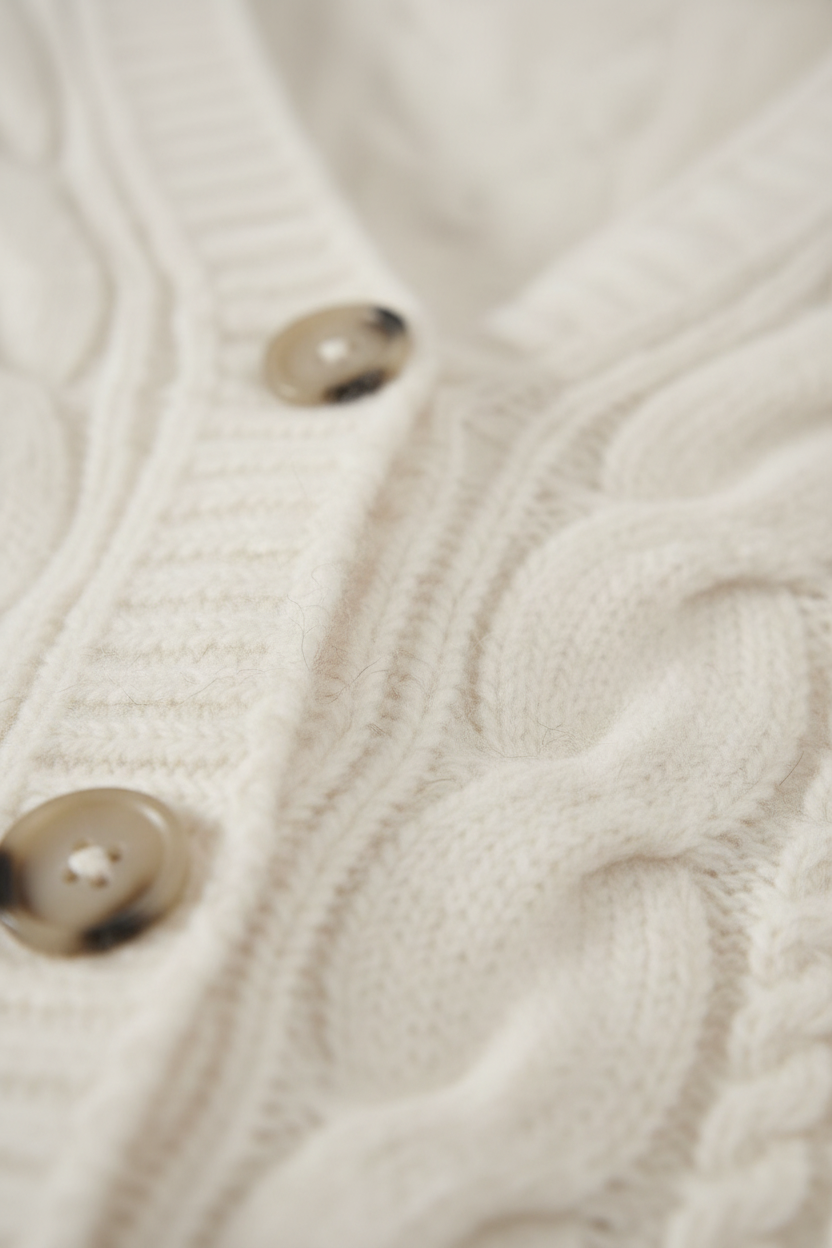 Lumina Wear Sophia white cardigan sweater with relaxed fit and ribbed hem, styled for cozy, casual wear.