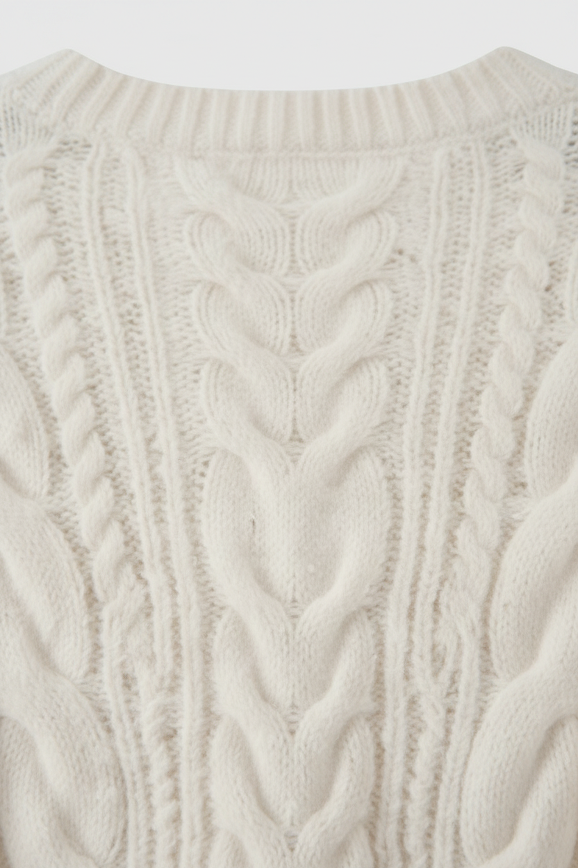 Lumina Wear Sophia cozy white cardigan sweater with relaxed fit and ribbed hem, soft knit fabric, displayed on a hanger.