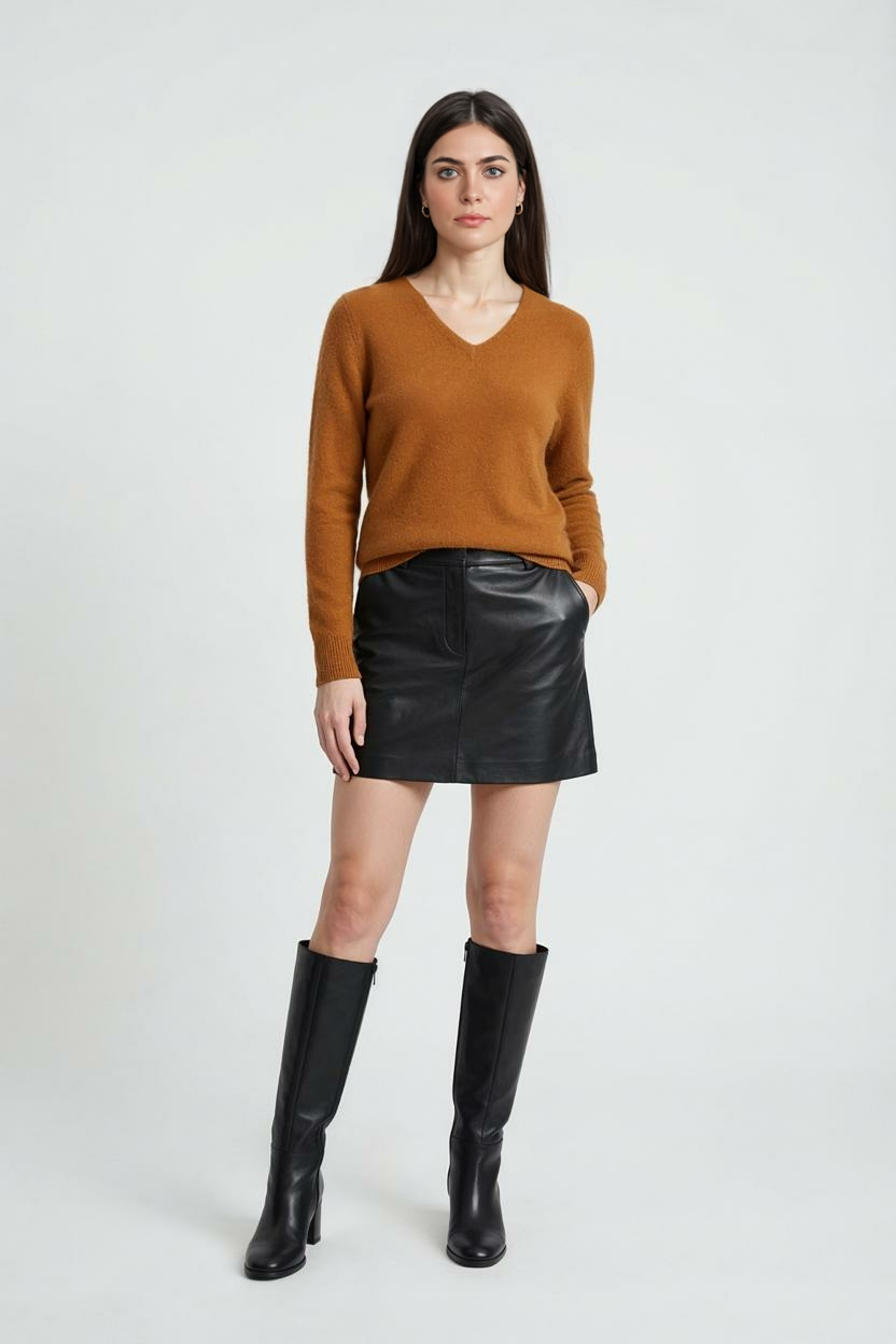 Lumina Wear Sophia cozy orange V-neck sweater with a flattering fit, shown on a model, ideal for casual stylish wear.