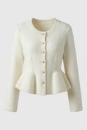 Lumina Wear Sophia cozy white cardigan sweater with ruffle details, featuring a soft knit fabric and stylish design.