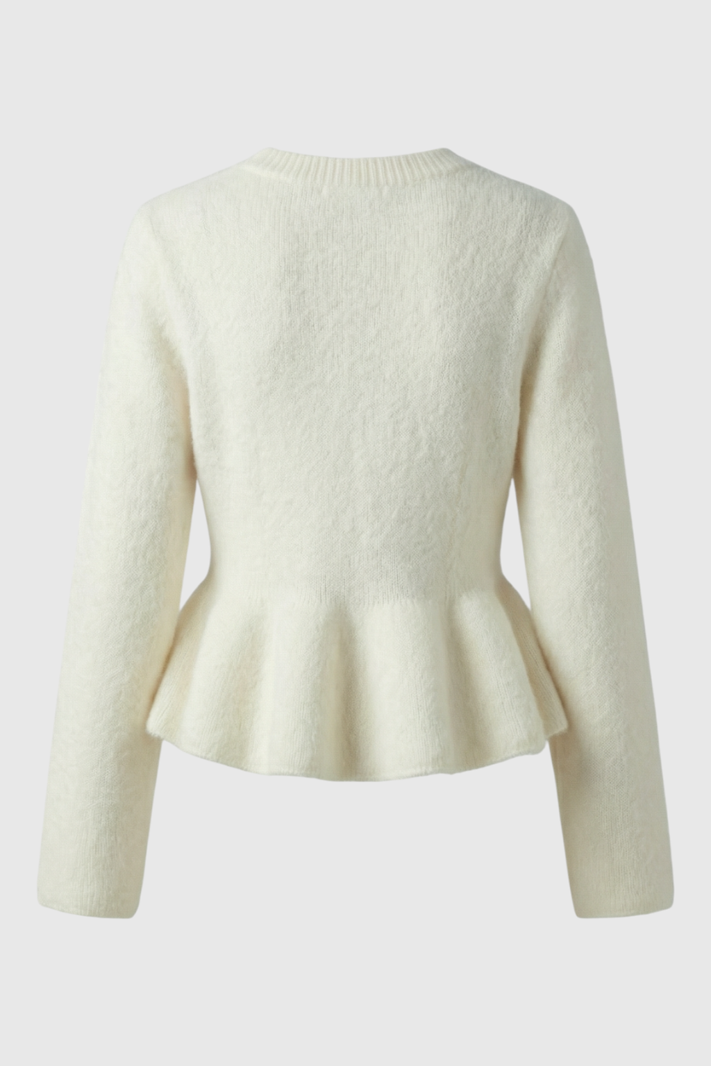 Lumina Wear Sophia cozy white cardigan sweater with ruffle details, long sleeves, and a soft, comfortable fit.