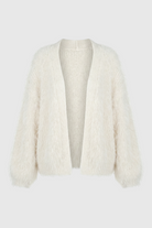 Lumina Wear Sophia cozy white knit cardigan with ribbed hem, featuring a soft, stylish sweater for a comfortable look.