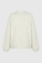 Lumina Wear Sophia cozy white knit cardigan with ribbed hem, featuring a soft, warm sweater with long sleeves and open front design.
