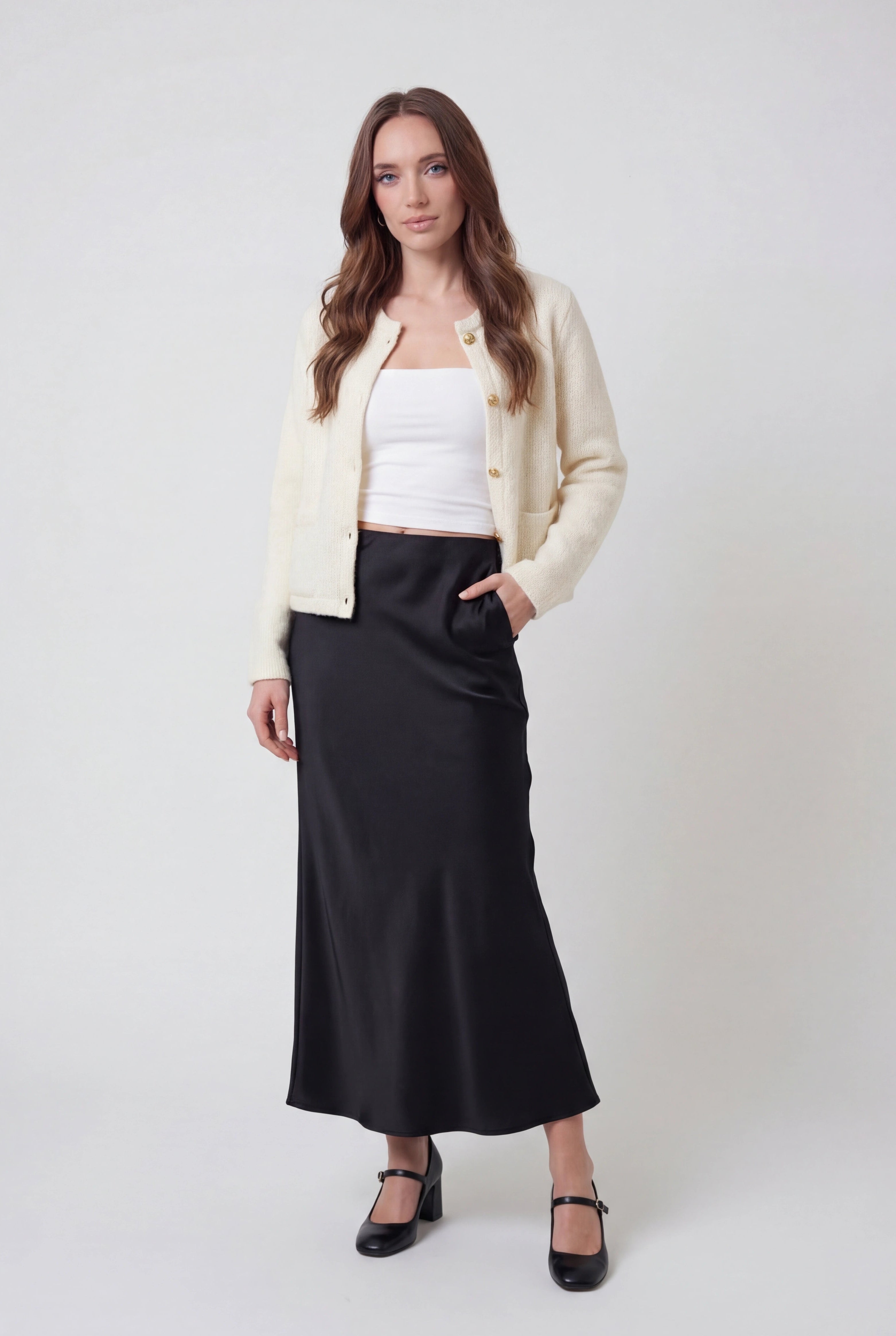 Lumina Wear Sophia cozy white long cardigan with relaxed fit, soft knit sweater perfect for casual and layered outfits.