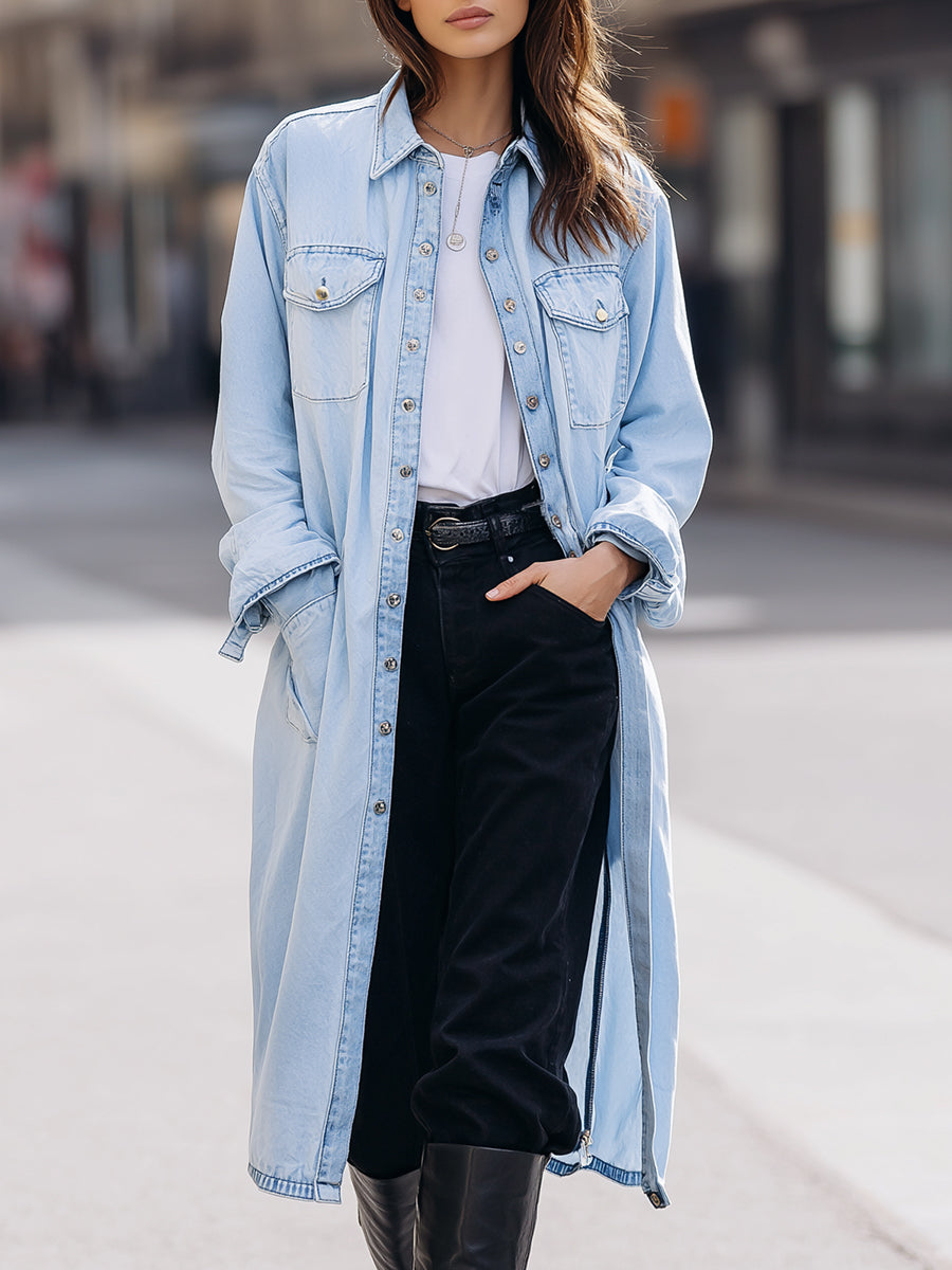 Lumina Wear Sophia Duster Shirt Jacket in blue, lightweight trench coat with collar and button details, perfect for layered style.