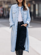 Lumina Wear Sophia Duster Shirt Jacket in blue, lightweight trench coat with collar and button details, perfect for layered style.