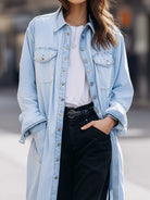 Blue Sophia Duster Shirt Jacket by Lumina Wear, lightweight trench coat with button details and relaxed fit.