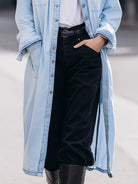 Blue Sophia Duster Shirt Jacket by Lumina Wear, a stylish trench coat with a classic design and lightweight fabric.
