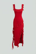 Red Lumina Wear Sophia backless maxi dress with high slit, elegant design and flowing fabric.