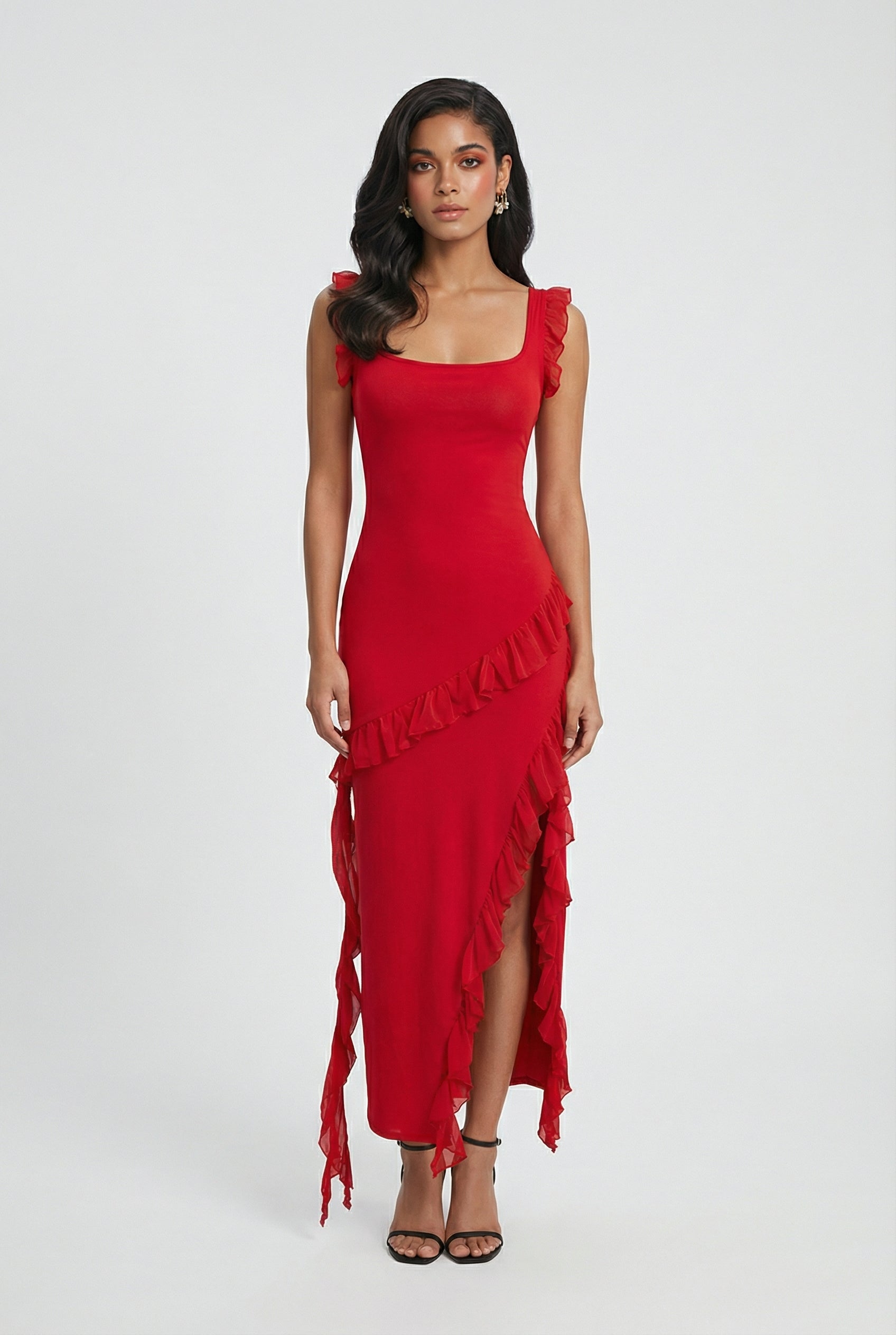 Red Sophia maxi dress with elegant backless design and high slit by Lumina Wear, flowing and stylish for formal occasions.