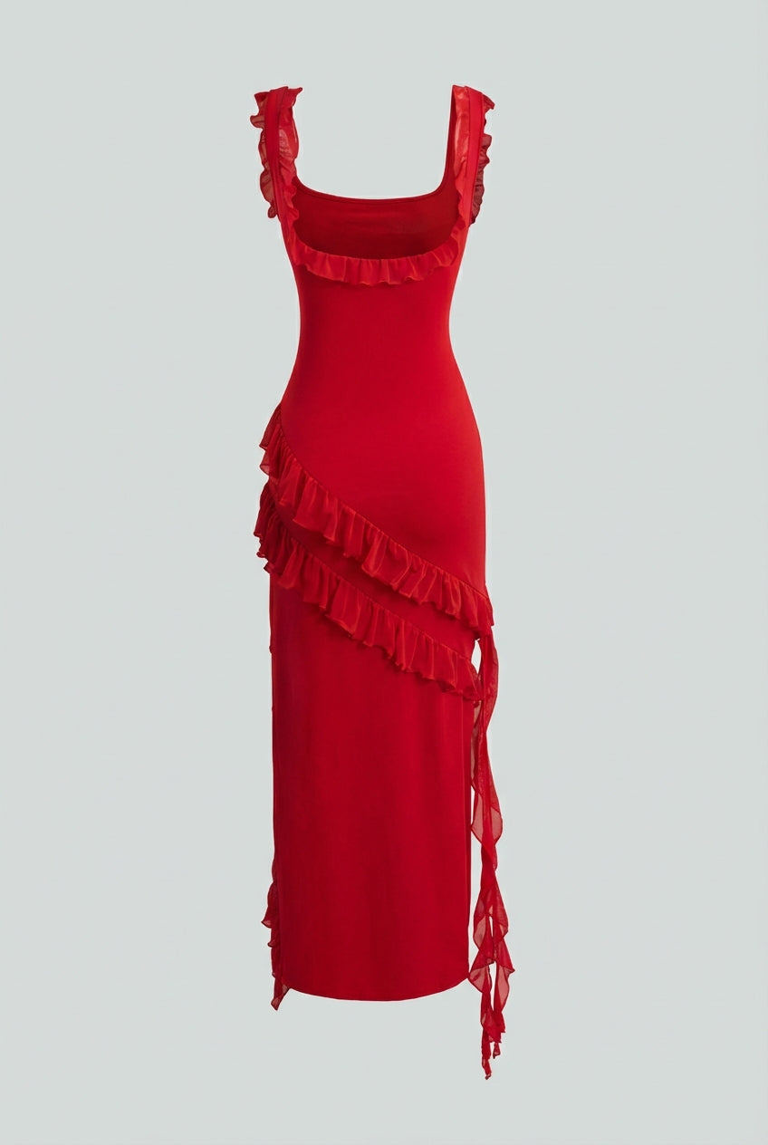 Red Sophia maxi dress by Lumina Wear featuring an elegant backless design and high slit, perfect for formal occasions.