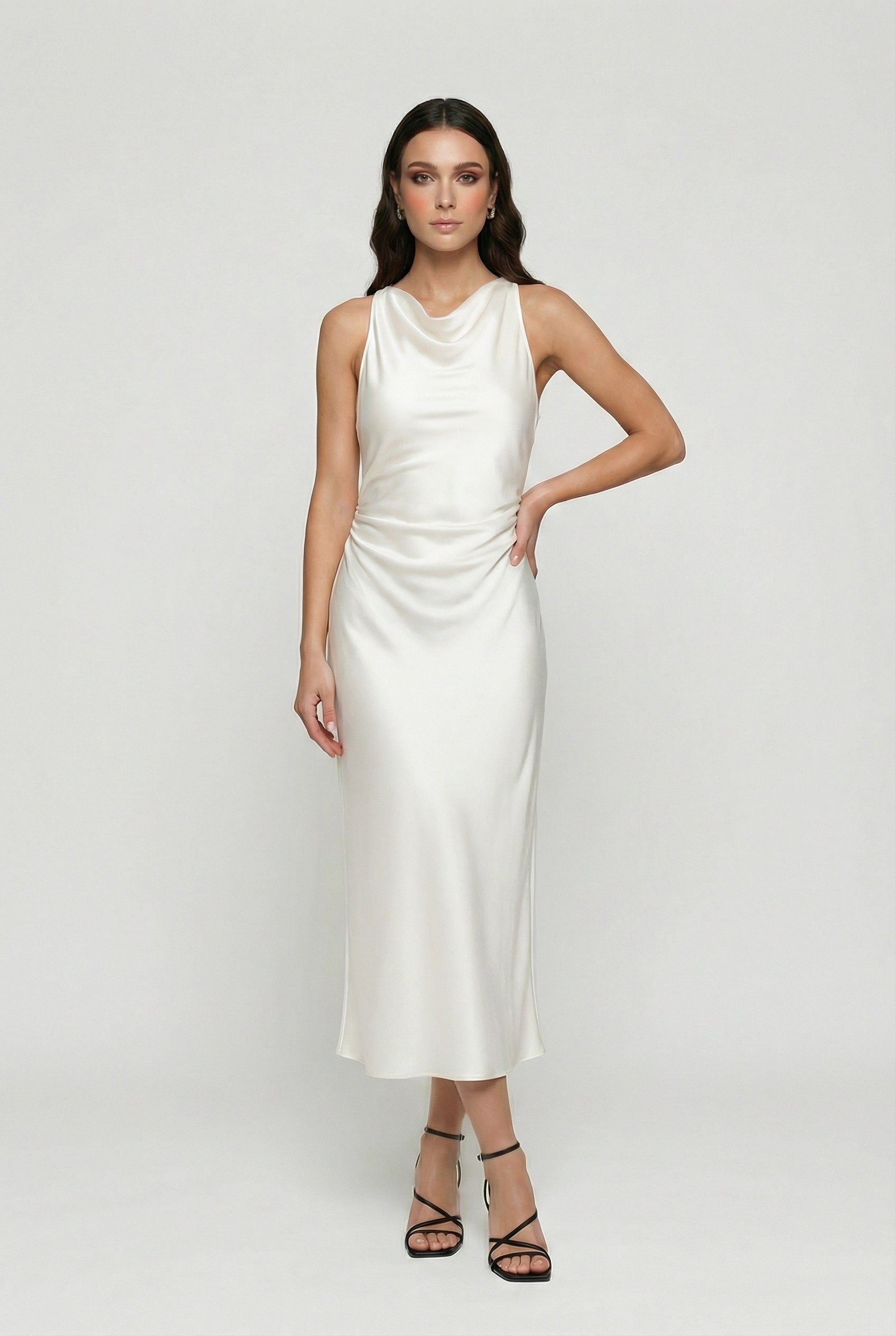 Elegant beige summer dress by Lumina Wear featuring adjustable fit and casual style, shown on a model.