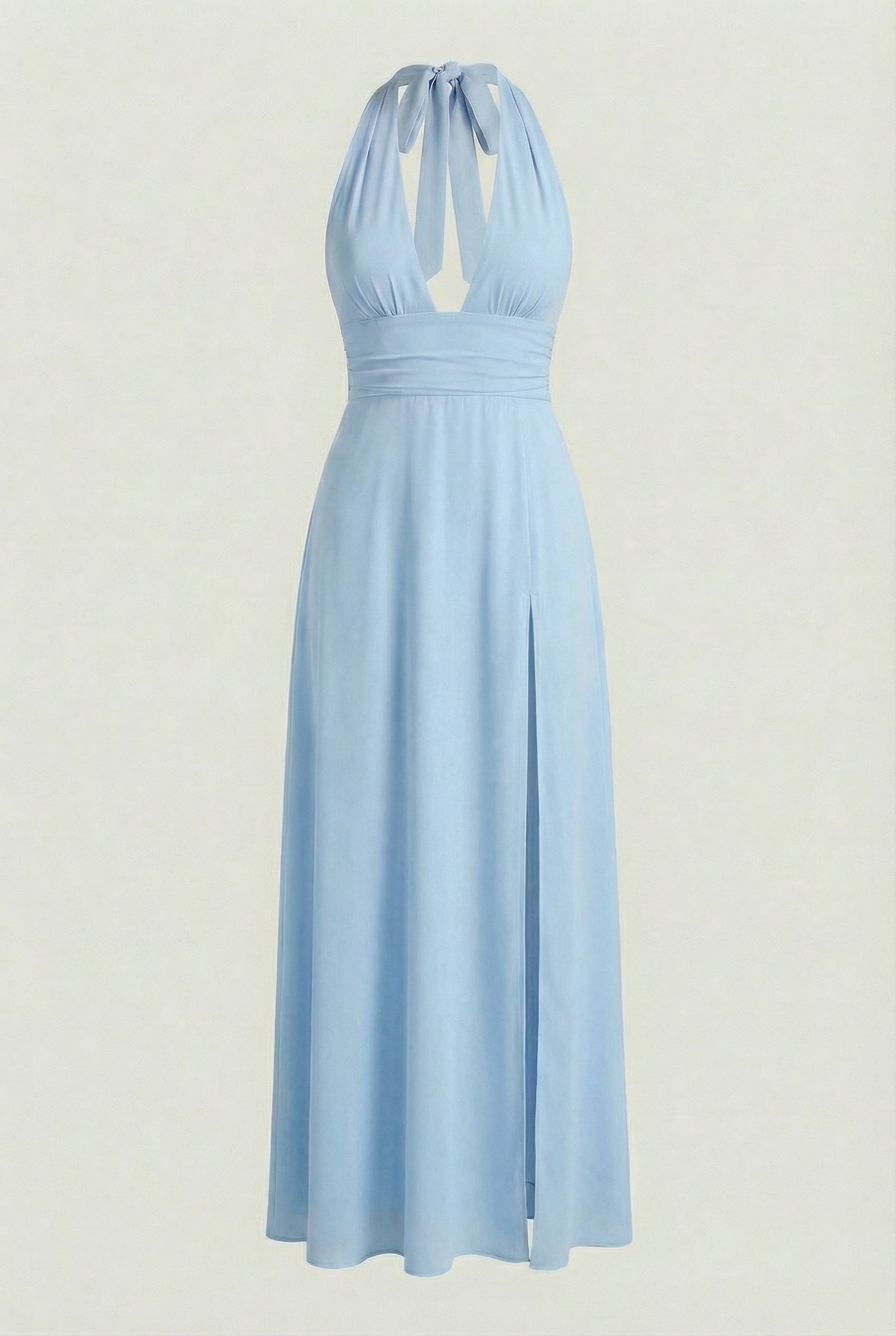 Elegant blue Sophia maxi dress by Lumina Wear featuring a backless design, flowing fabric, and a stylish, sophisticated silhouette.