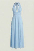 Elegant blue Sophia maxi dress by Lumina Wear featuring a backless design, flowing fabric, and a stylish, sophisticated silhouette.