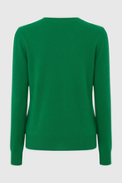 Lumina Wear Sophia green V-neck sweater with a fitted silhouette, showcasing soft knit fabric and stylish design.
