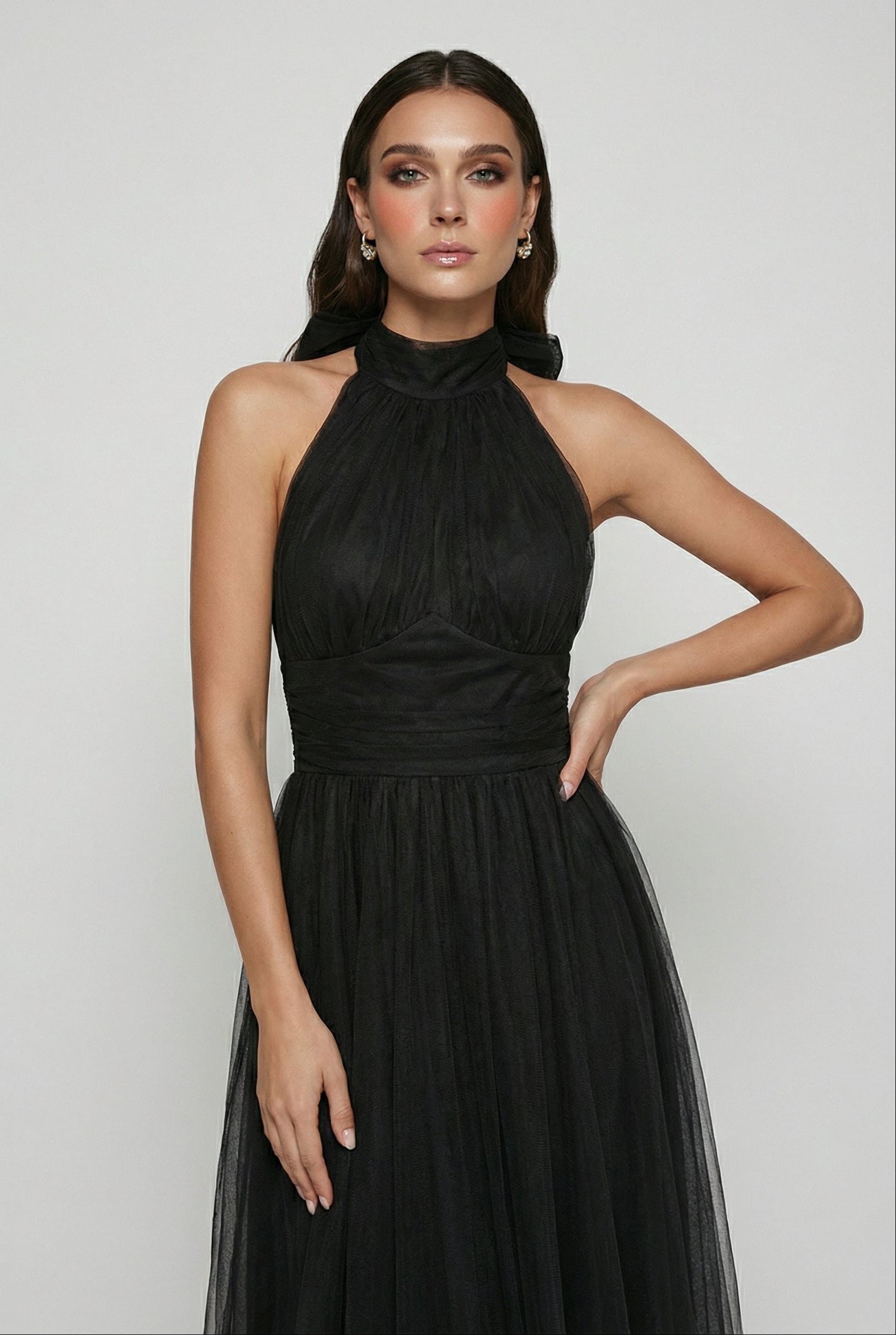 Elegant black long sleeve midi dress by Lumina Wear, featuring a flattering silhouette for women's fashion.