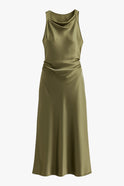 Elegant olive green maxi dress by Lumina Wear featuring adjustable fit, perfect for women seeking stylish, comfortable evening wear.