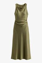 Olive green Sophia maxi dress by Lumina Wear featuring adjustable fit and elegant design, worn by a model.