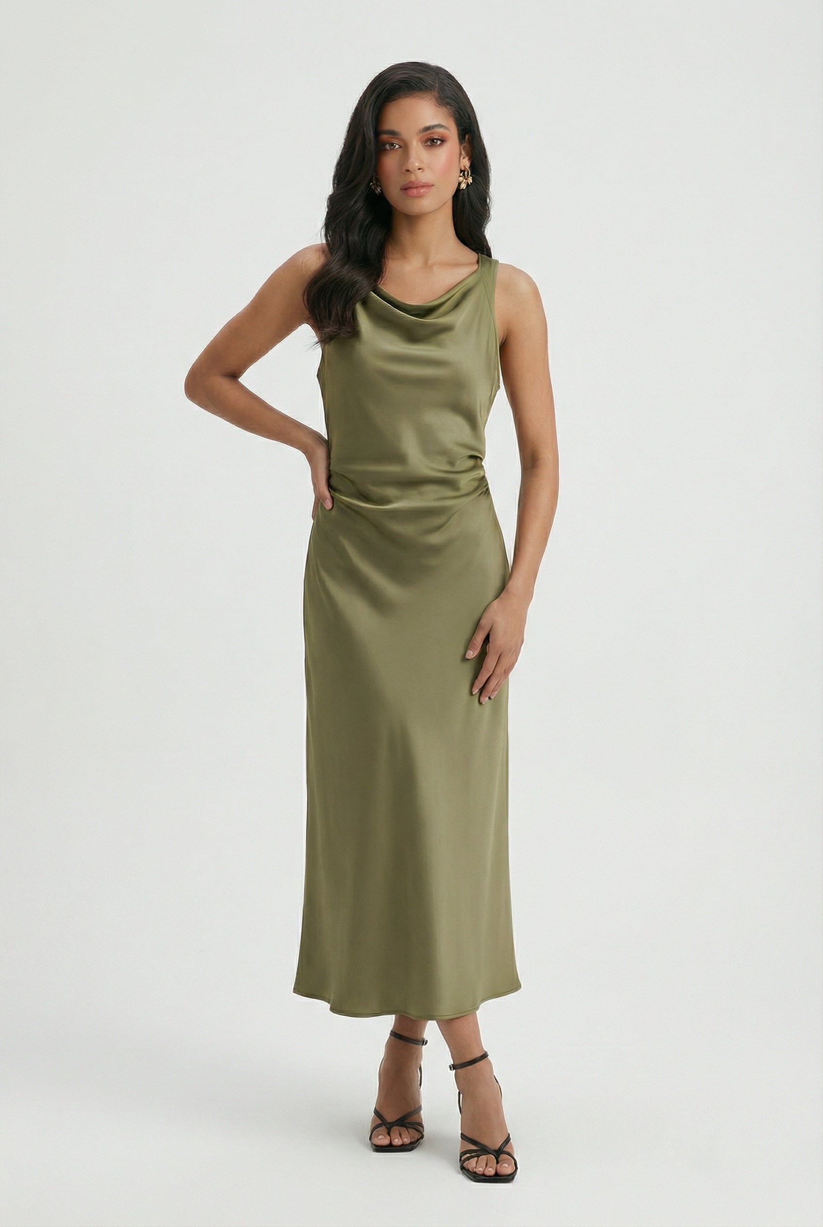 Olive green Sophia maxi dress by Lumina Wear featuring adjustable fit and elegant style for women.