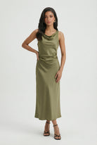 Olive green Sophia maxi dress by Lumina Wear featuring adjustable fit and elegant style for women.