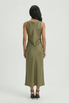 Olive green Sophia maxi dress for women by Lumina Wear, featuring an elegant design and adjustable fit.