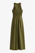 Sophia olive green maxi dress for women by Lumina Wear, featuring an elegant design and adjustable fit.