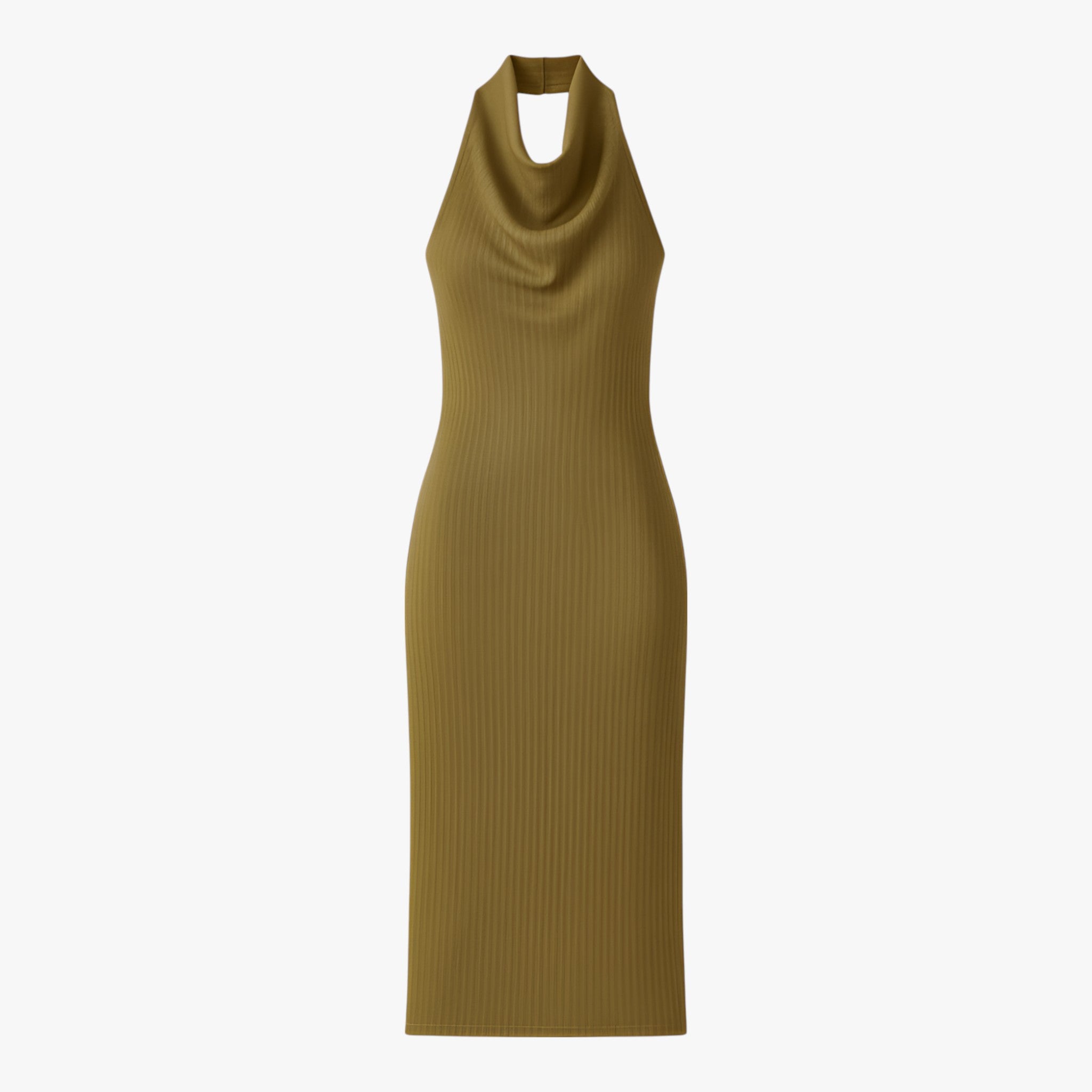 Olive green Sophia midi dress by Lumina Wear featuring a backless design, elegant fit, and stylish women’s dress for formal occasions.
