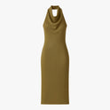 Olive green Sophia midi dress by Lumina Wear featuring a backless design and elegant style, perfect for formal occasions.