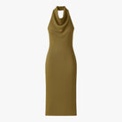 Olive green Sophia midi dress by Lumina Wear featuring a backless design, elegant fit, and stylish women’s dress for formal occasions.