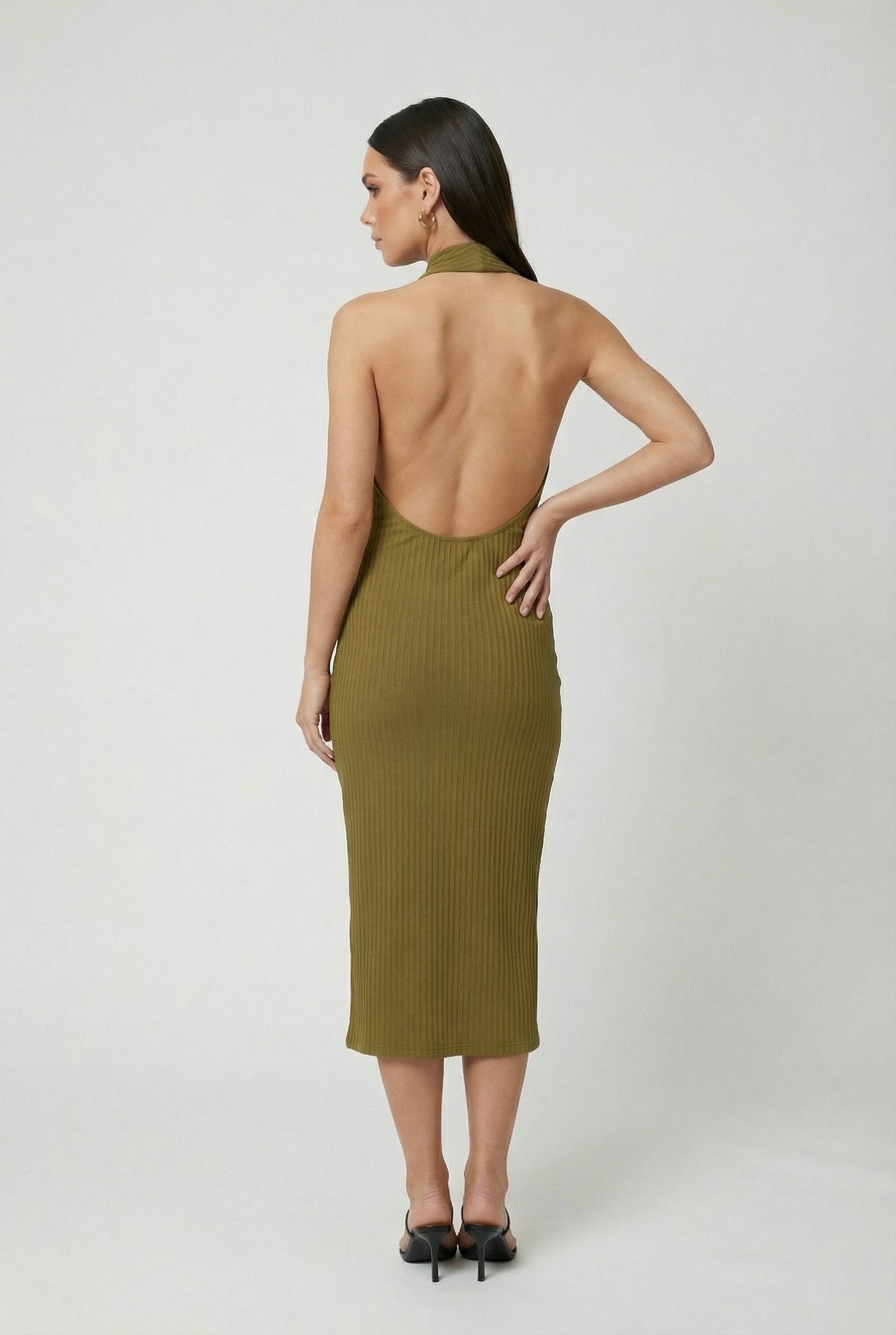 Olive green Sophia midi dress by Lumina Wear featuring a backless design, tailored for women's fashion, shown on a model.