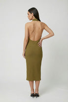 Olive green Sophia midi dress by Lumina Wear featuring a backless design, tailored for women's fashion, shown on a model.