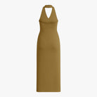 Olive green Sophia midi dress by Lumina Wear with backless design, elegant style, perfect for women’s evening or formal occasions.