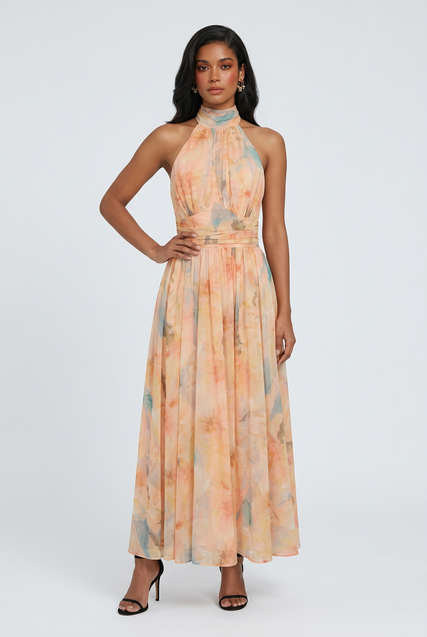 Elegant peach maxi dress with flattering silhouette from Lumina Wear, featuring flowing fabric and stylish design.