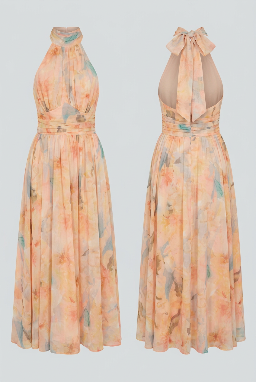 Sophia Lumina Wear elegant peach maxi dress with flattering silhouette, flowing fabric, and stylish design for formal occasions.