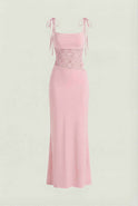 Elegant pink lace summer dress by Lumina Wear, featuring a versatile fit and casual style perfect for warm weather.