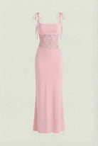 Elegant pink lace summer dress by Lumina Wear, featuring a versatile fit and casual style, shown on a model.