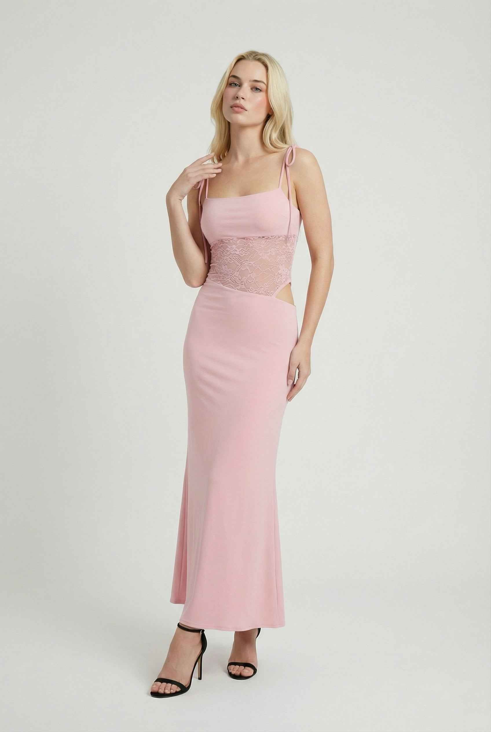 Elegant pink lace summer dress by Lumina Wear, showcasing a versatile fit and casual style, perfect for warm-weather occasions.