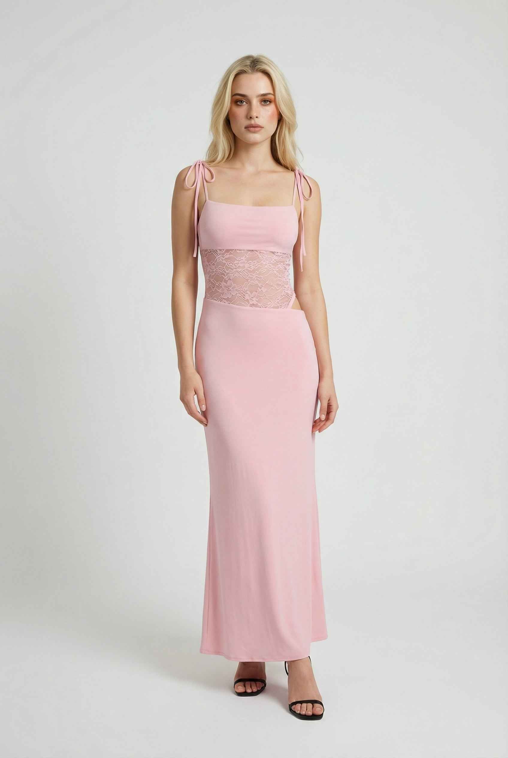 Lumina Wear Sophia pink lace summer dress, casual style with versatile fit, detailed lace fabric, perfect for warm weather.
