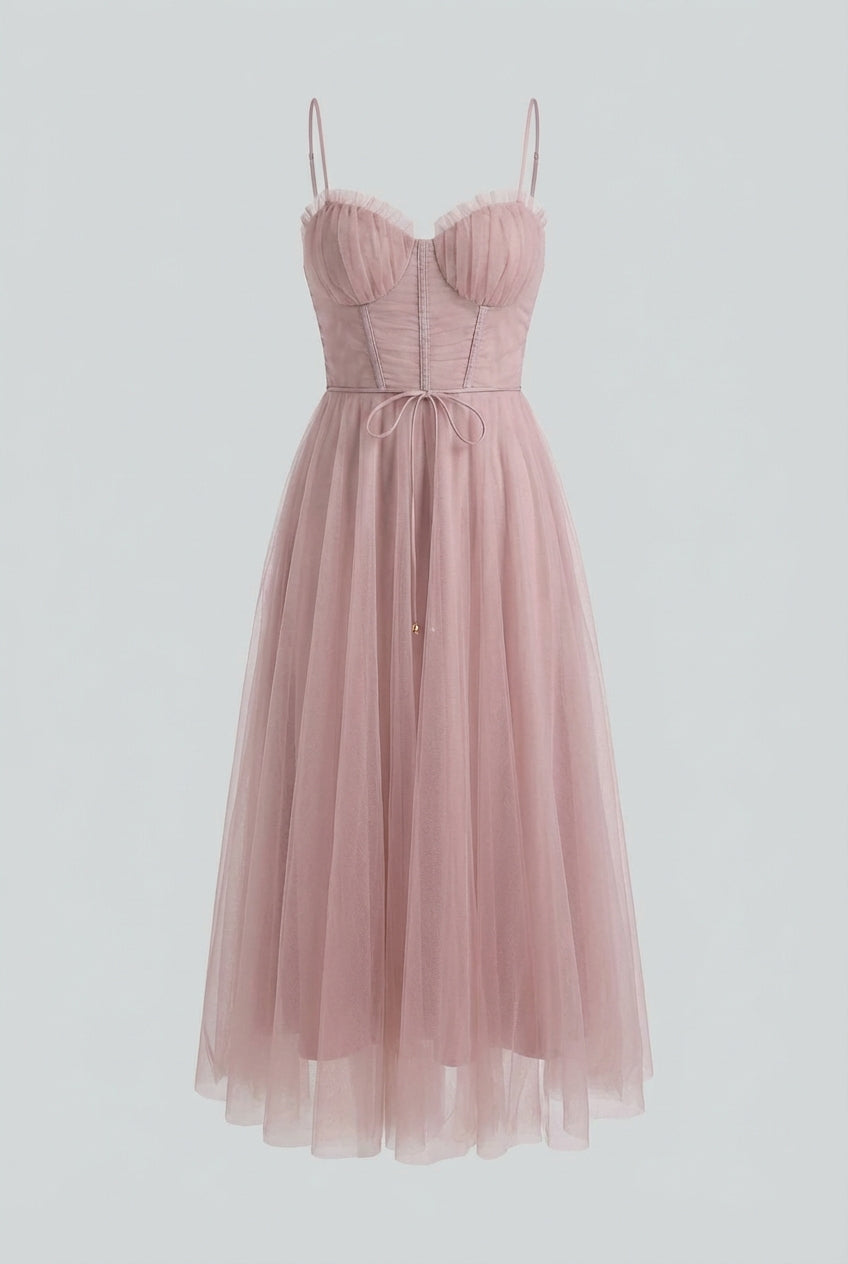 Elegant pink midi dress by Lumina Wear featuring a flattering silhouette, perfect for stylish occasions.